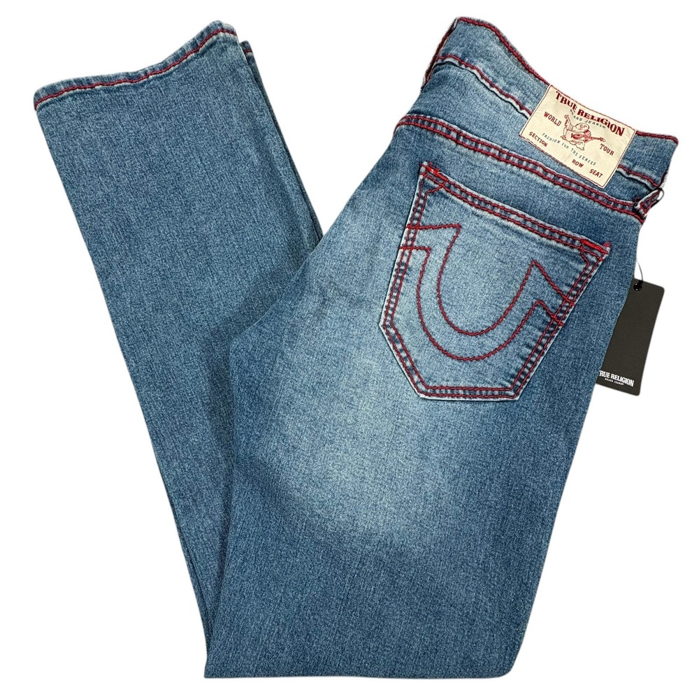 True Religion Ricky Red Big T Jeans Mens 34x34 Blue Neptune Wash Straight NWT